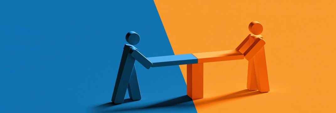 Two figures connecting separate colored platforms, representation of teamwork and bridge building to reach common goal