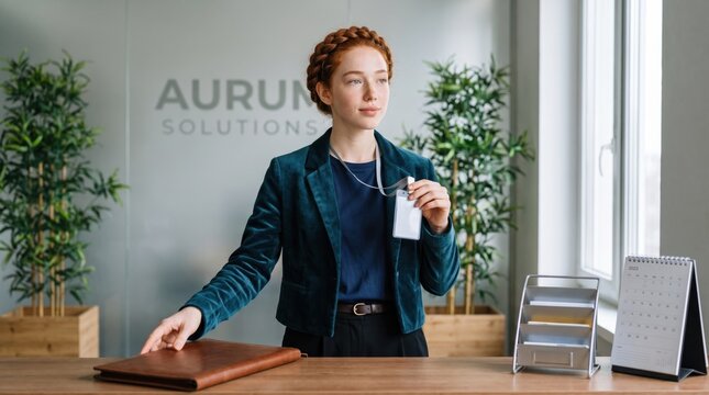 Generative AI, Professional woman with ID badge at modern office reception