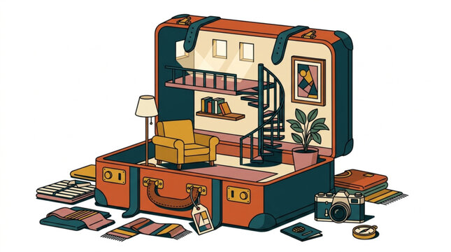 Open suitcase revealing a miniature tropical island landscape with palm trees