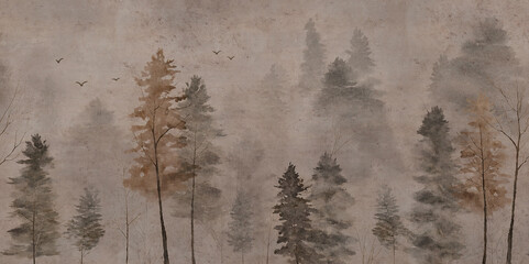 Vintage tropical wallpaper border with palm trees and bird ferns, botanical jungle mural illustration © devis