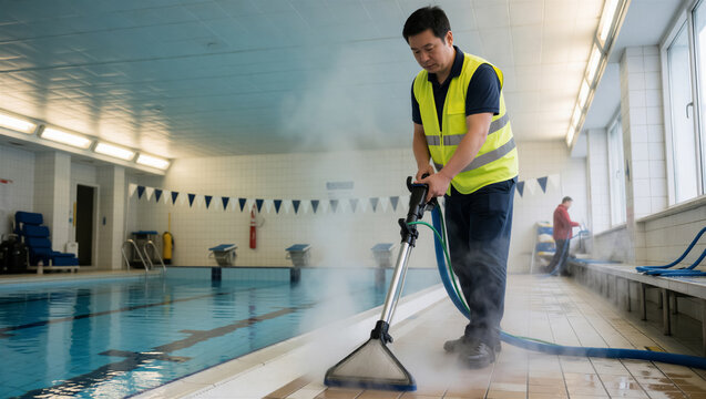 Professional cleaner using a steam cleaner on a tile floor near an indoor swimming pool. Maintenance service ensuring hygiene and safety in a leisure center