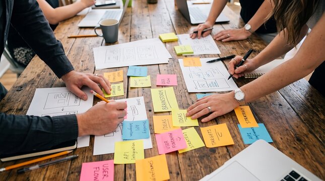 A diverse group of people are collaborating around a rustic wooden table, actively engaged in a brainstorming session using sticky notes and papers.
