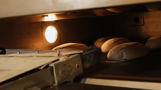Raw bread loaves slide into heated deck oven on metal loading device. Baking process moves shaped dough forward toward hot chamber for cooking
