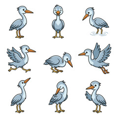 Fototapeta premium Cute Grey Heron Bird Character Set in Various Poses for Children Vector Illustration Collection