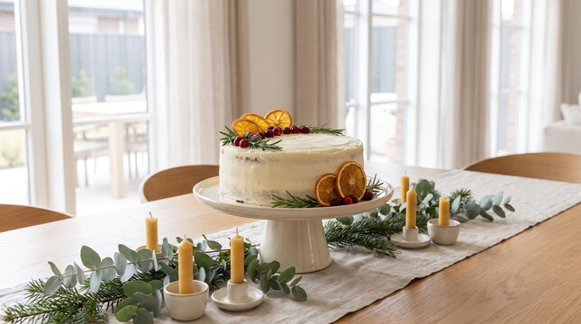 Festive Christmas cake on a dining table ready for celebration