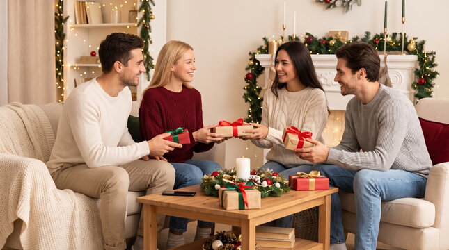 Group of friends exchanging New Year gifts during a festive celebration