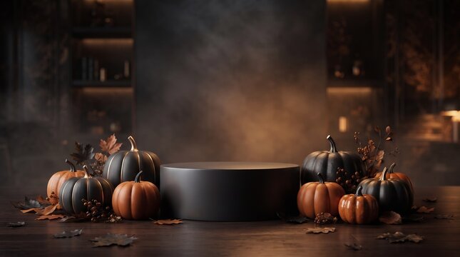 Podium for product display is surrounded by orange and black pumpkins in a dark smoky room.