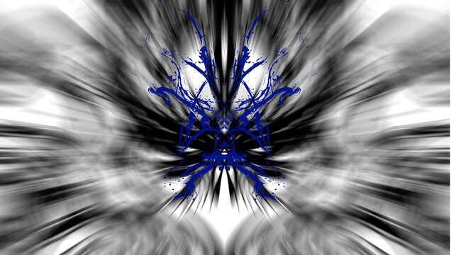 Arte abstracto sim&eacute;trico: centro azul vibrante, con salpicaduras, rodeado de l&iacute;neas negras y blancas difuminadas que irradian movimiento y profundidad.