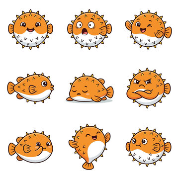Set of cute orange puffer fish vector characters displaying various emotions and expressions colle