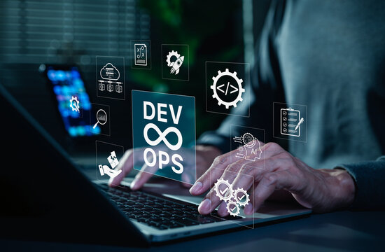 DevOps and software automation concept showing continuous integration, deployment, and AI-driven development workflow, with a developer typing on laptop surrounded by coding, cloud, and system icons.