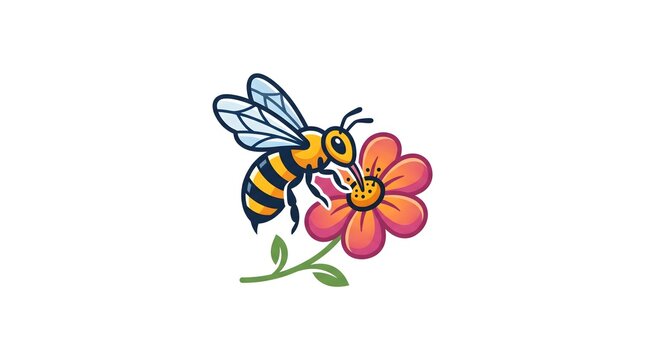 A colorful cartoon illustration of a honey bee pollinating a vibrant pink flower, isolated on a white background