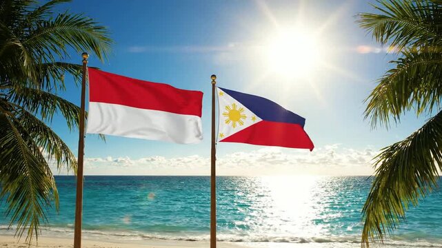 Indonesian and philippine flags waving together on a tropical beach at sunset, international diplomacy and travel concept