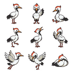 Fototapeta premium Set of Nine Cute Cartoon Red Crowned Crane Bird Illustrations in Various Poses and Expressions