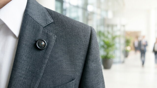 Surveillance device on suit lapel in corporate office, corporate espionage concept