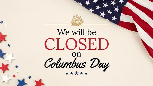 Columbus day holiday notice with vintage ship illustration american flag and red typography for store business office closure information background design layout.