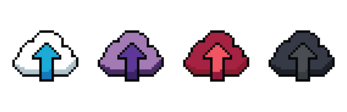 Colorful Retro 8 Bit Pixel Art Upload Arrow Cloud Icons Collection in White, Purple, Red and Dark Gray for Digital Interface Design