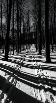 Monochrome winter forest path with strong tree shadows on snow