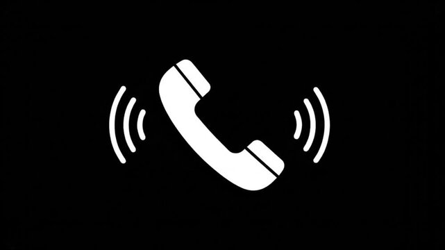 White Flat Telephone Receiver Icon Ringing and Vibrating Seamless Loop Animation on Black Background