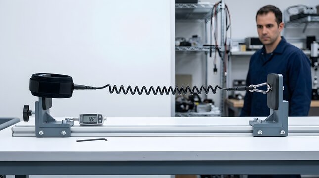 Industrial tensile testing of coiled cable, engineer performing quality control on electrical wire, laboratory stress test for durability
