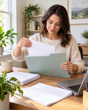 woman sorting documents at home