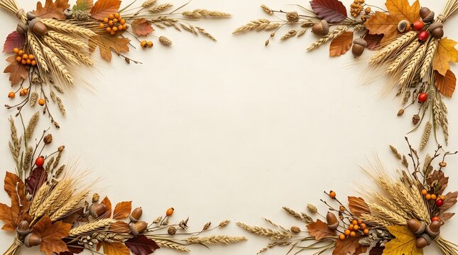 Education decorative autumn frame border with dry wheat and fall foliage