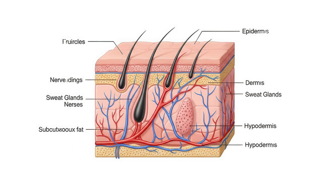 Anatomical cross section diagram of human skin layers with hair follicles isolated on transparent background