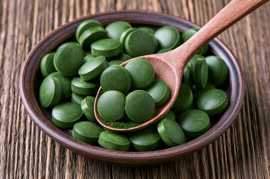 Spirulina chlorella green superfood tablets on wooden table