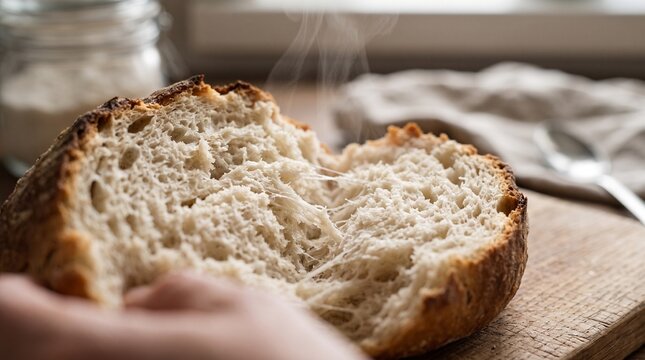 Freshly baked artisan sourdough bread pulled apart by hand, revealing a soft, steaming crumb and crispy crust on a wooden board