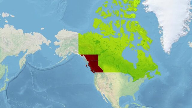 Map of Canada highlighting British Columbia province in red with province Columbia geography