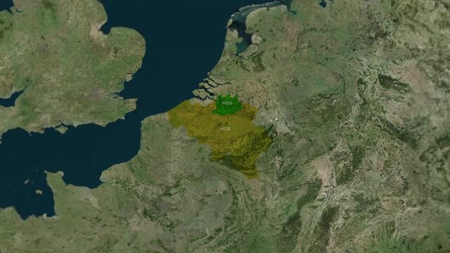 Satellite map highlighting Antwerp city within Belgium with satellite geography location province