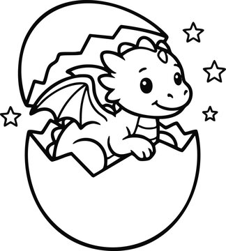 Cute baby dragon hatching from broken egg shell coloring page illustration