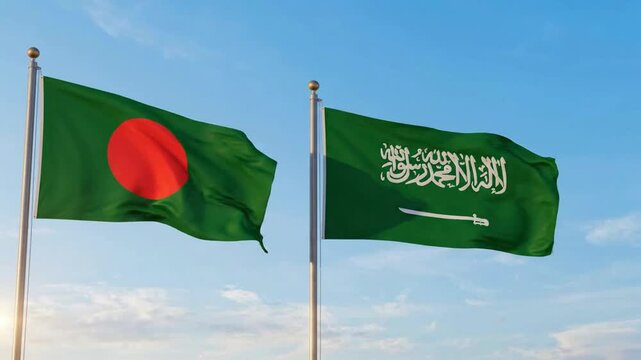 Bangladesh and saudi arabia flags waving together against clear blue sky: international relations and diplomatic cooperation concept