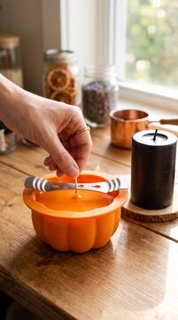 hand lighting wick on orange pumpkin shaped candle on wooden table with autumn decorations
