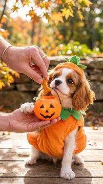 small dog dressed in pumpkin costume receiving treat from hand outdoors in autumn garden during halloween