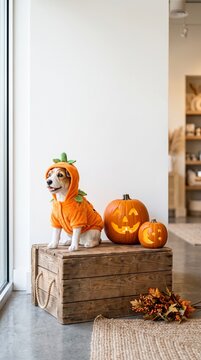 small dog dressed in a pumpkin costume sitting on wooden crate next to carved jack-o-lantern pumpkins indoors during halloween