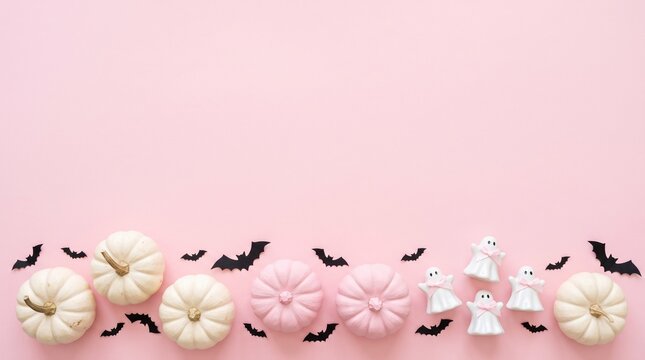 minimalist halloween decoration with white and pink pumpkins, black paper bats and small ghost figurines on pastel pink background