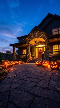 halloween decorated house entrance with glowing jack o lanterns and spider web lights at dusk