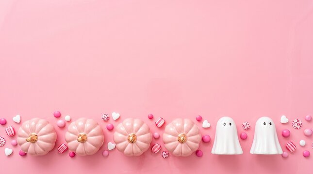 pink halloween decoration with pastel pumpkins and cute ghost figures on pink background for autumn celebration