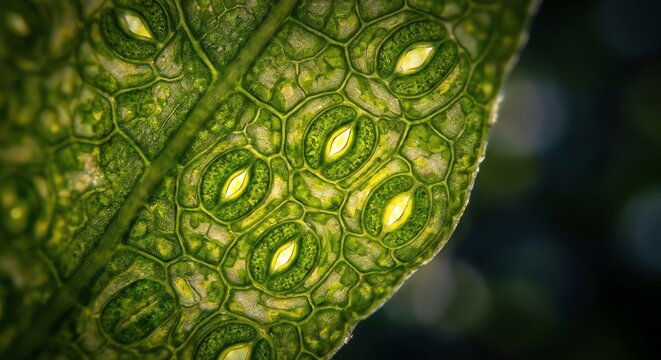 Macro view of plant leaf surface with stomata pores