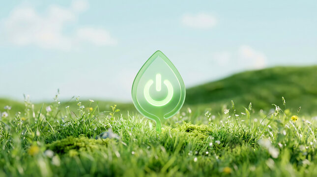 Green energy glowing leaf power button in natural grassy field, sustainability and environmental technology concept.