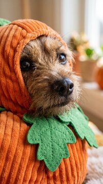 small dog dressed in a pumpkin costume sitting indoors on a cozy autumn day