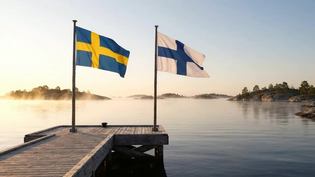 Swedish and finnish flags waving together on wooden pier at sunrise in nordic archipelago sweden finland