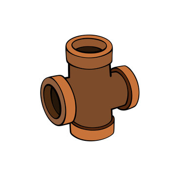 3D isometric brown plastic pipe cross fitting connector vector illustration isolated on transparent background for plumbing repair concept artwork
