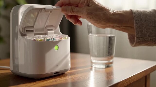 Senior woman opens smart pill dispenser at home. Elderly hand using automatic medication organizer with glass of water.