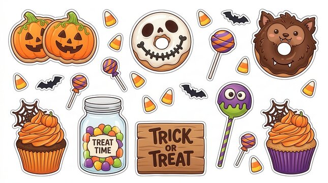Cute Halloween sticker collection with pumpkin cookies monster donuts cupcakes and candy corn, colorful cartoon spooky treats for festive designs