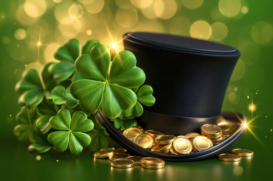 St. Patrick's day top hat with gold coins and shamrocks