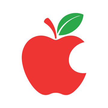 Red bitten apple fruit vector icon with green leaf isolated on white background