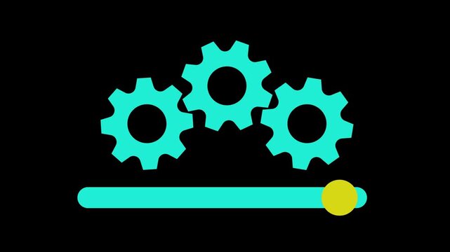 Animated glowing setting icon with spinning gears and a smooth progress bar, illustrating technology, configuration, and system setup on a black background.
