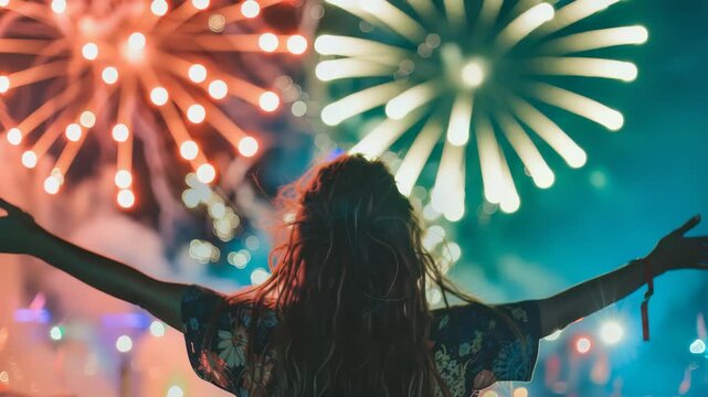 A person with long hair stands facing a mesmerizing display of fireworks. Arms are raised in celebration. The night sky glows with vibrant colors, illuminating the festive atmosphere of the event.