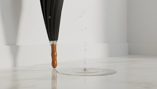 Classic wet black umbrella dripping rainwater droplets on white marble floor forming ripple puddle indoors for rainy day weather forecast and shelter concept